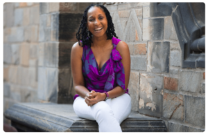 Setting heatlhy boundaries starts within. Picture of podcast host Wendy Battles sitting on a bench.